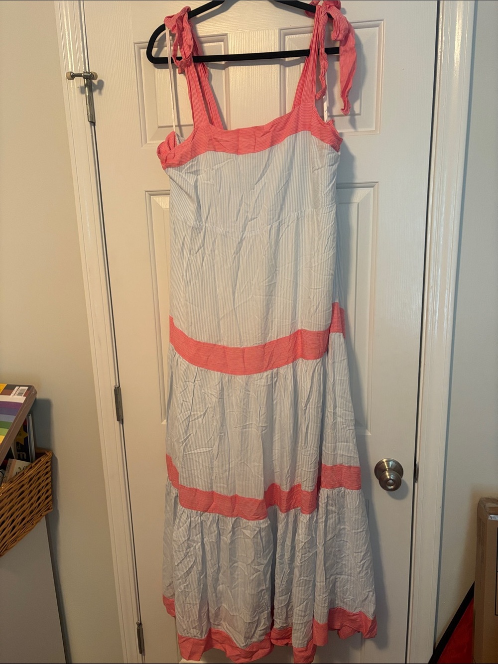Striped Flowy Baby Blue and Red Maxi Dress with Bow Tie straps
